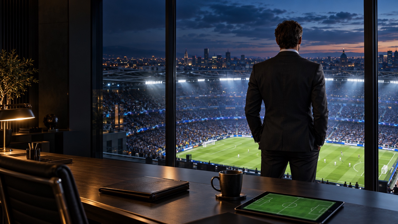 Stadionmotiv: ein Fußballmanager blickt aus seinem Büro auf den Platz