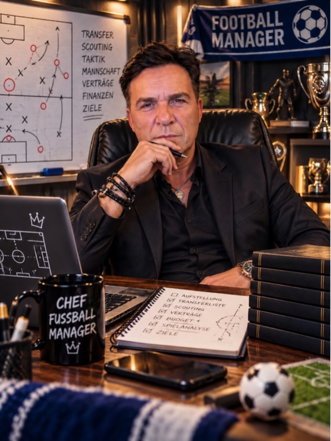 Marco Kloss am Schreibtisch mit Taktiktafel und CHEF-Tasse